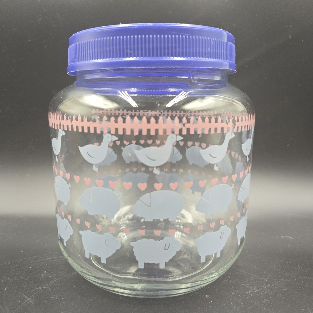 VTG 1980s Goose Pig Sheep Glass Jar Canister 6.5" & Lid CountryCore Grannycore